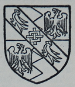 Audley. Quarterly palewise indented or and azure a bend azure charged with a fret between two marlets or with two eagles or in the azure quarters.